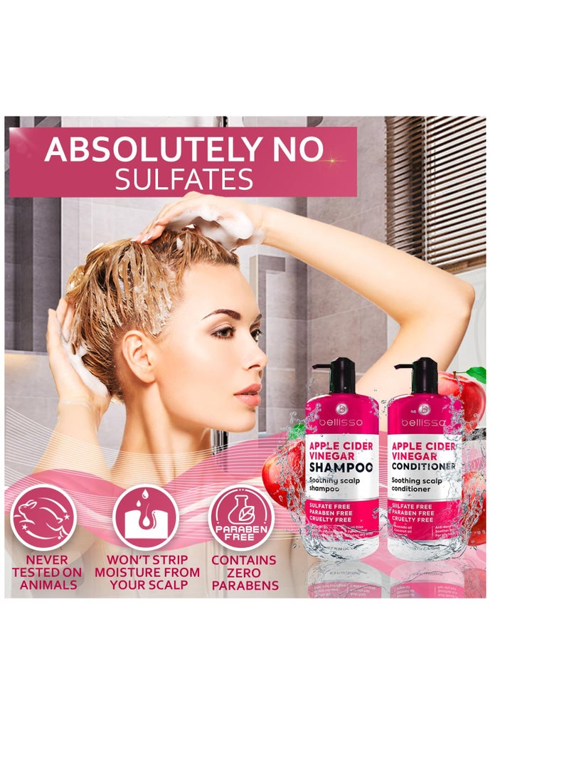 Apple Cider Vinegar Shampoo and Conditioner Set - Stop Flaky and Itchy Scalp – Sulfate Paraben Free Anti Dandruff Soothing Treatment for Dry, Oily and Damaged Hair - Intense Care for Women and Men