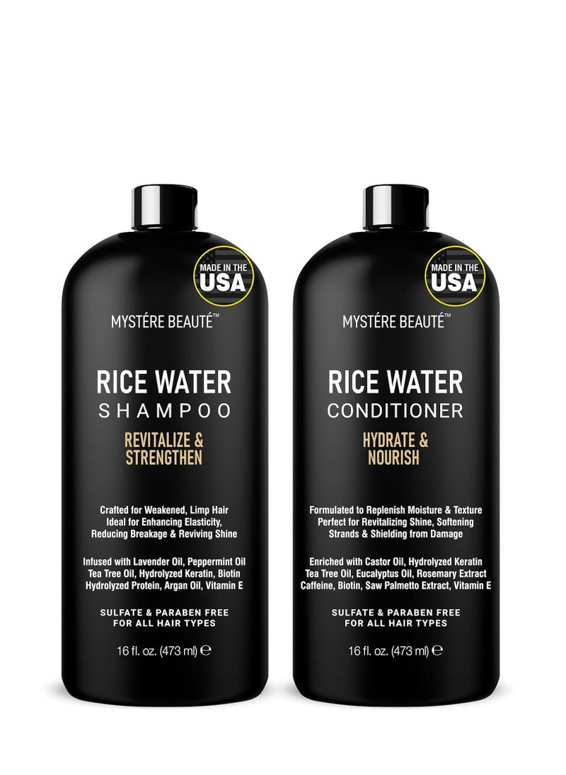 Rice Water Shampoo and Conditioner Set - Ultra-Nourishing Hair Care Set, Promotes Growth, Revitalizes Shine, and Shields from Damage - Infused with Essential Oils - 16 fl oz Each