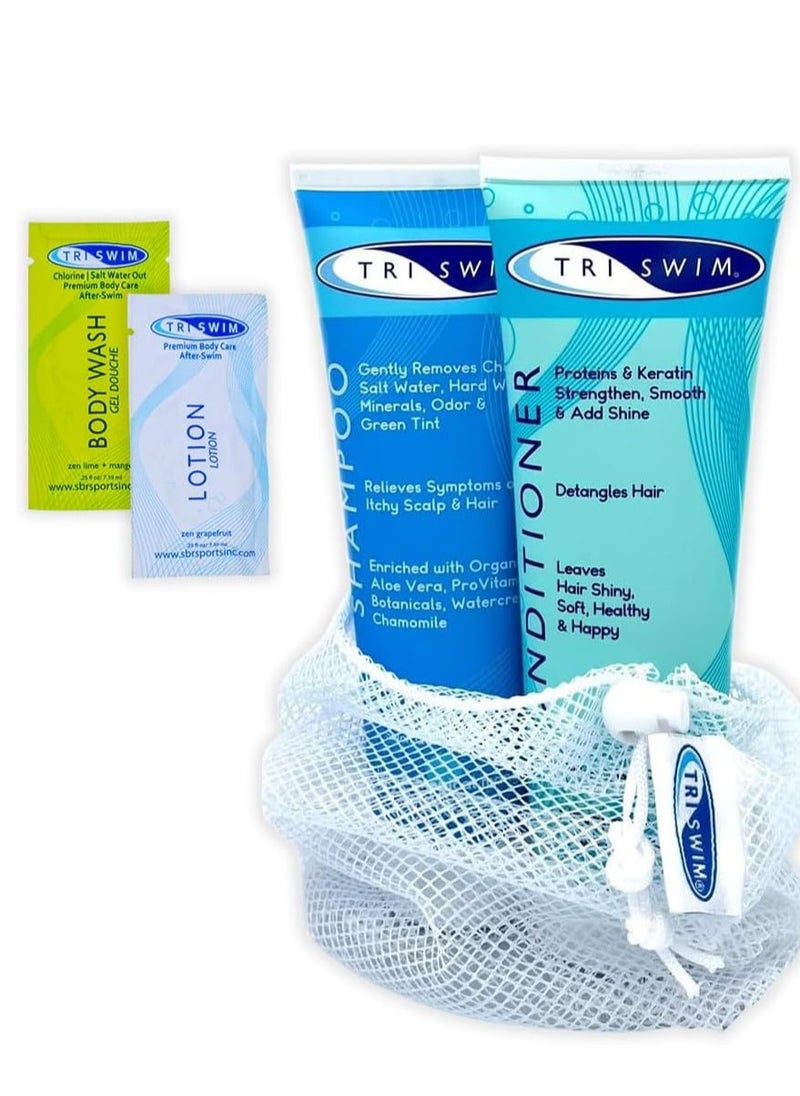 TRISWIM Hair Care Gift Set | Chlorine Shampoo and Conditioner for Swimmers, 8.5 fl oz | Paraben-Free with Aloe Vera and Chamomile | Restores Chlorine-Damaged Hair | Includes Body wash & Lotion Samples