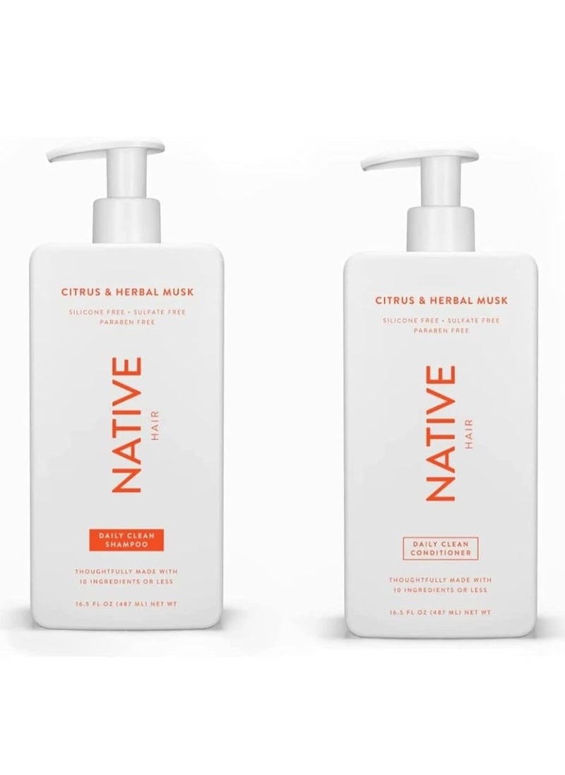 Native Citrus Herbal Musk Shampoo and Conditioner Set - Sulfate, Paraben, Dye Free, 16.5 oz (2 units, 33 Fl Oz) - Daily Cleansing, Moisturizing, Revitalizing, Strengthening Benefits for Hair