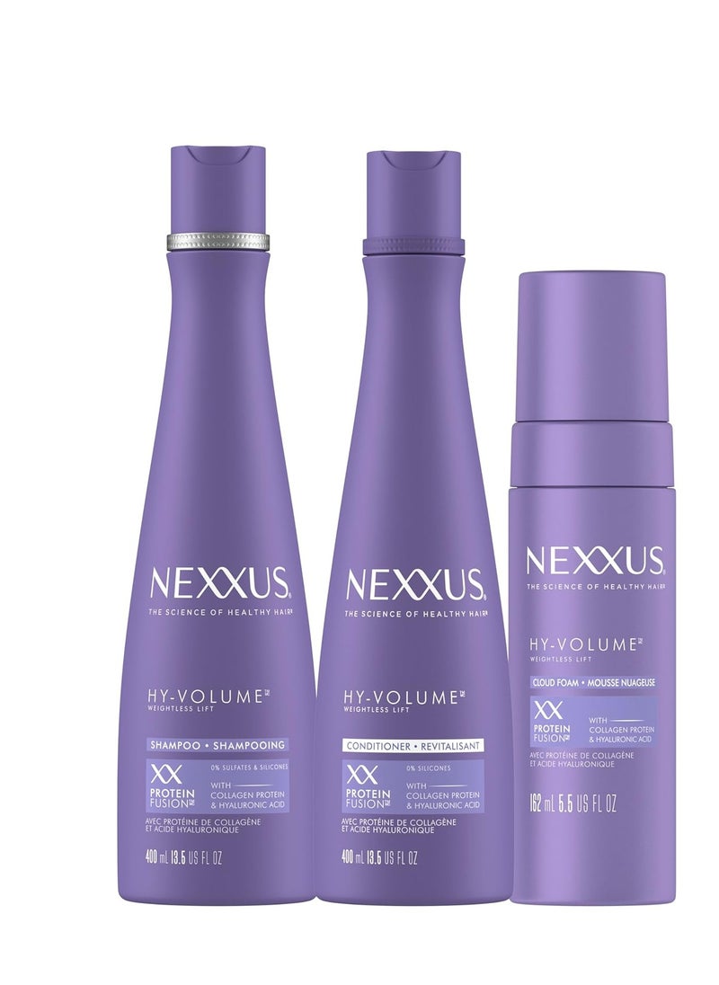 Nexxus Hy-Volume Weightless Lift Shampoo, Conditioner & Cloud Foam Mousse Treatment with Collagen Protein & Hyaluronic Acid Protein Fusion Technology for Flat & Limp Hair with 48Hours of Volume,3 pack