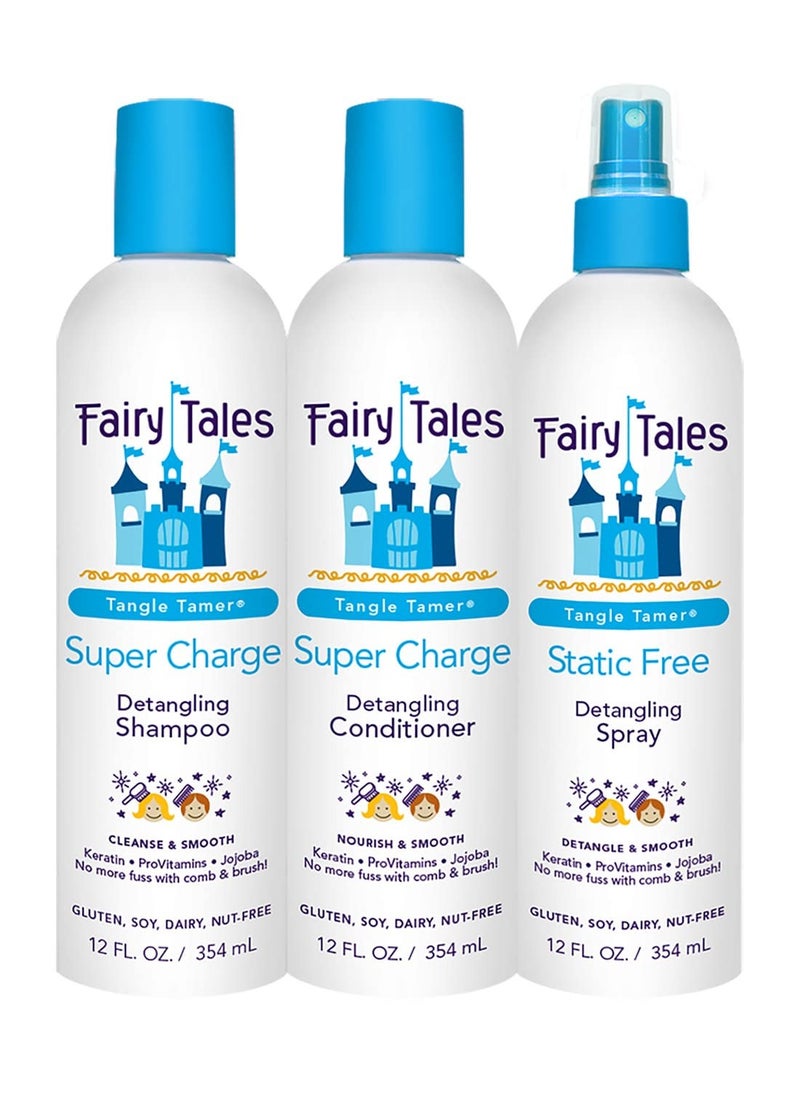 Fairy Tales Tangle Tamer Detangling Shampoo and Conditioner for Kids plus Detangling Spray - Ultra Moisturizing and Anti Frizz Protection - Paraben Free, Sulfate Free - 12 Oz Each Bottle - 3 pack