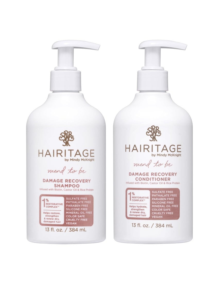 Hairitage Damage Recovery Shampoo & Conditioner 13oz. Set - Biotin + Castor Oil - Deep Conditioning Treatment for Damaged, Dry and Colored Hair