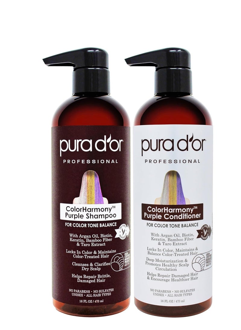 PURA D'OR Purple Shampoo & Conditioner (16oz x 2) ColorHarmony Biotin Set For Bleached, Blonde, Silver & Color Treated Hair - Keratin, Bamboo Fiber, No Sulfates - Men & Women