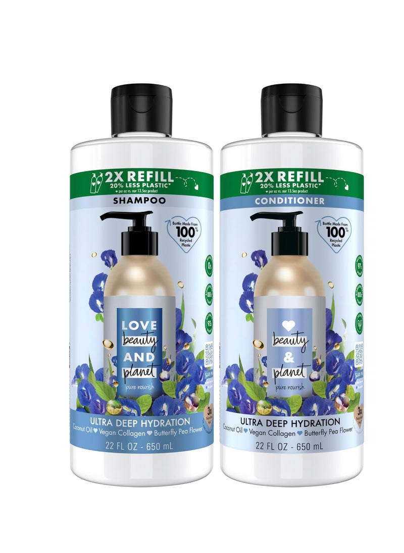 Love Beauty And Planet Shampoo and Conditioner, Coconut Oil & Vegan Collagen, Ultra Deep Hydration - Sulfate-Free Shampoo and Conditioner for Damaged, Dry Hair, Scented, Refill, (2 Piece Set)