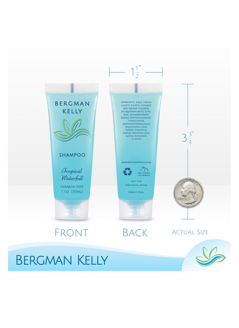 BERGMAN KELLY Hotel Toiletries Bundle (Tropical Waterfall, 1 oz each, 100 Pcs) 4-Piece Set: 25 Rectangular Bar Soap, 25 Shampoo, 25 Conditioner & 25 Body Lotion - Bulk Mini Guest Amenities Supply