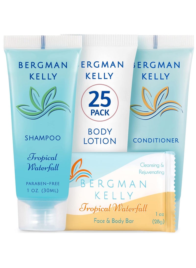 BERGMAN KELLY Hotel Toiletries Bundle (Tropical Waterfall, 1 oz each, 100 Pcs) 4-Piece Set: 25 Rectangular Bar Soap, 25 Shampoo, 25 Conditioner & 25 Body Lotion - Bulk Mini Guest Amenities Supply