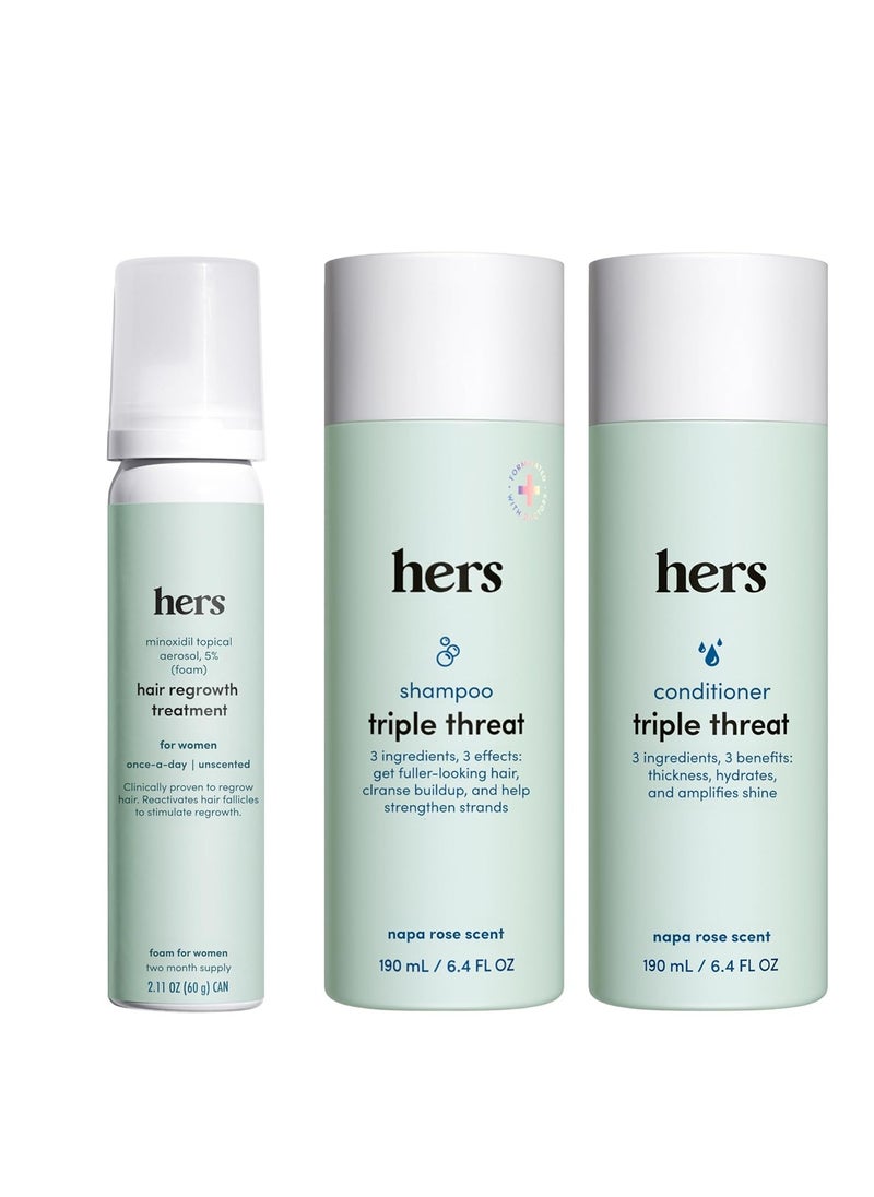 Hers Triple Threat Shampoo, Conditioner and Minoxidil Set - Hair Loss Treatment For Women - Includes Foam 5% Minoxidil Treatment, Color Safe Hair Thickening Shampoo and Conditioner - 3 Count