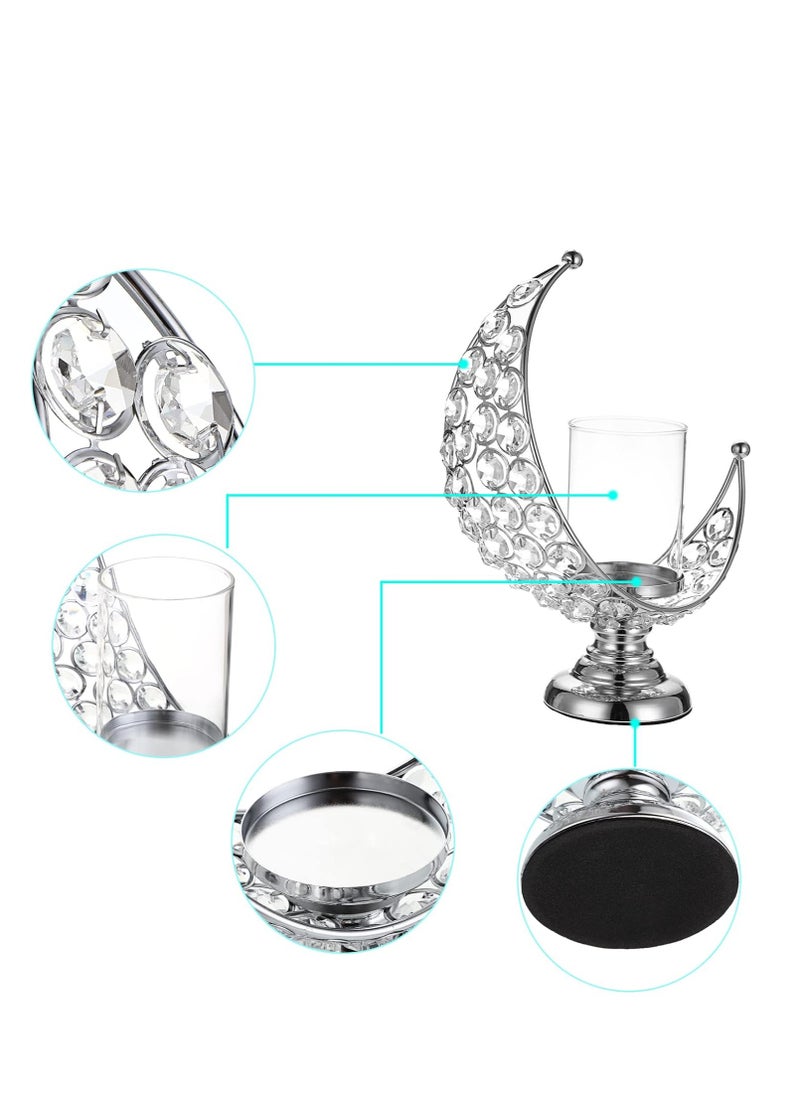 Candle Holder, Silver Moon Shaped Crystal Pillar Candle Holders, Tealight Holders with Glass Covers, Metal Crystal Moon Pillar Candle Stands, Votive Candlesticks for Table Centerpieces, 1 Pcs