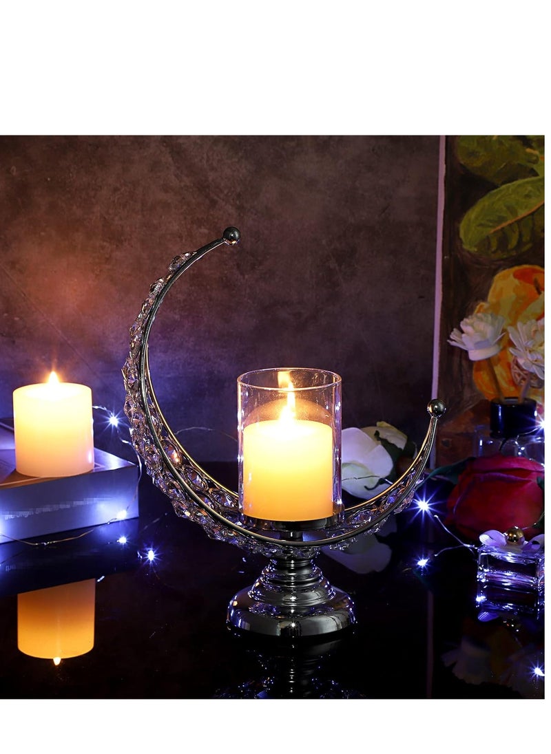 Candle Holder, Silver Moon Shaped Crystal Pillar Candle Holders, Tealight Holders with Glass Covers, Metal Crystal Moon Pillar Candle Stands, Votive Candlesticks for Table Centerpieces, 1 Pcs