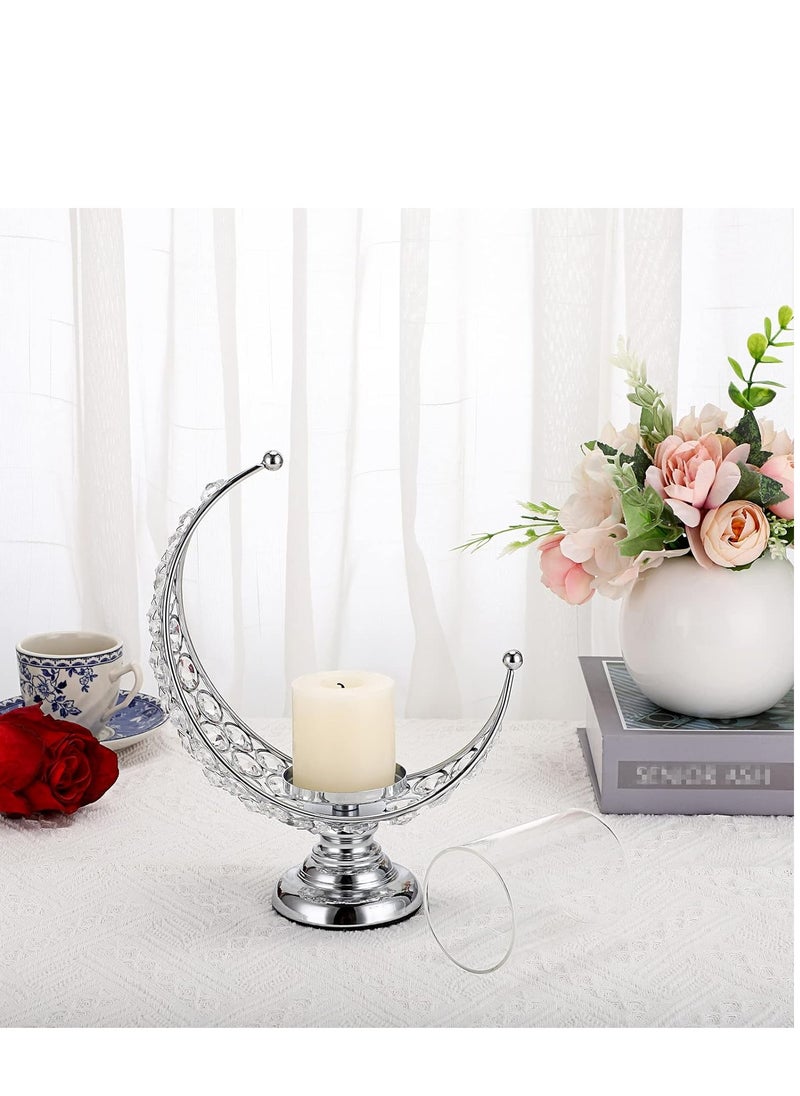 Candle Holder, Silver Moon Shaped Crystal Pillar Candle Holders, Tealight Holders with Glass Covers, Metal Crystal Moon Pillar Candle Stands, Votive Candlesticks for Table Centerpieces, 1 Pcs