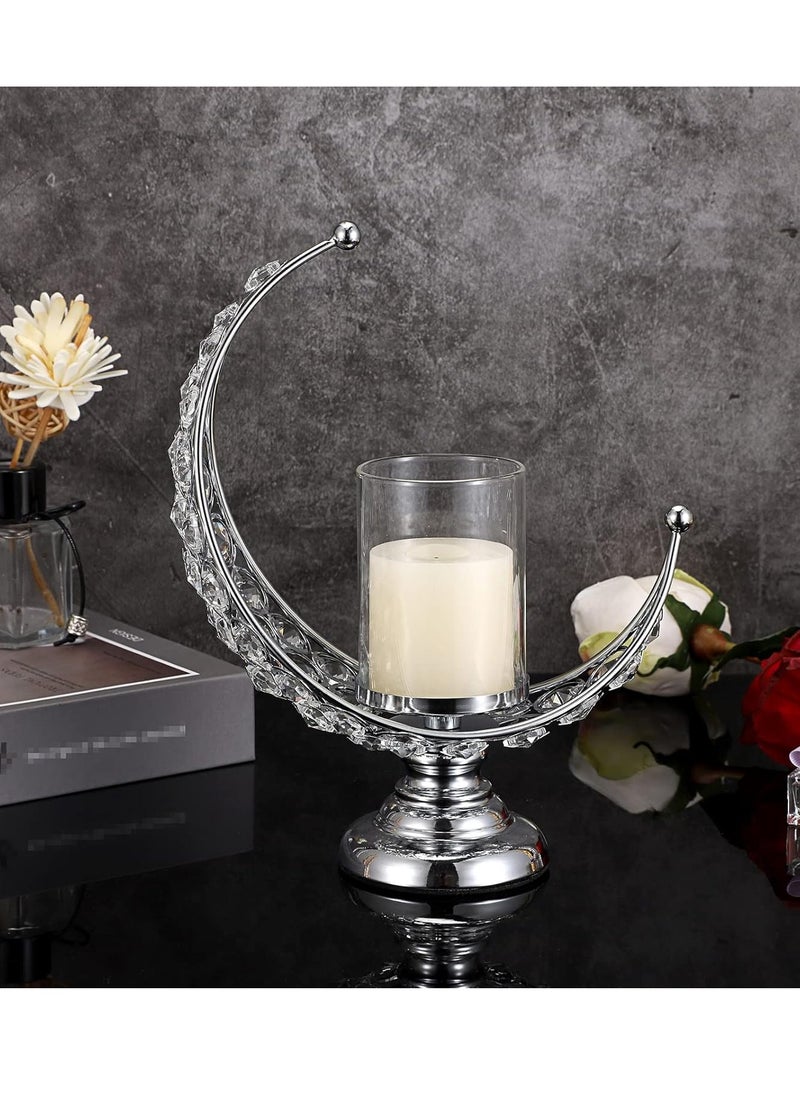 Candle Holder, Silver Moon Shaped Crystal Pillar Candle Holders, Tealight Holders with Glass Covers, Metal Crystal Moon Pillar Candle Stands, Votive Candlesticks for Table Centerpieces, 1 Pcs