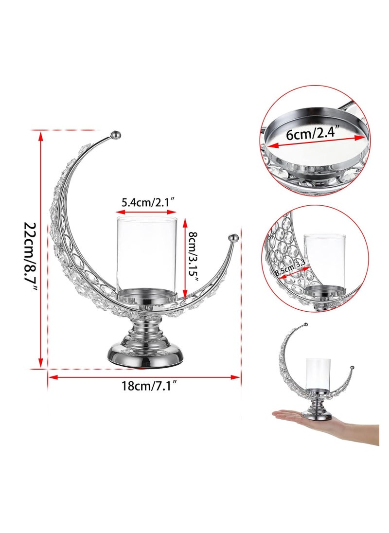 Candle Holder, Silver Moon Shaped Crystal Pillar Candle Holders, Tealight Holders with Glass Covers, Metal Crystal Moon Pillar Candle Stands, Votive Candlesticks for Table Centerpieces, 1 Pcs