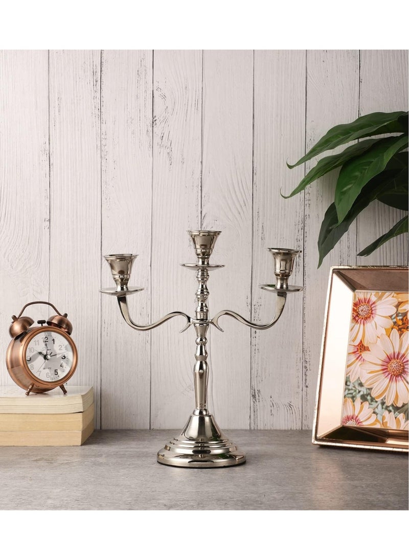 Three Arm Candelabra 10 inch Tall Silver Taper Candle Holders Candle Stands Candlesticks for Home Decor Wedding Parties Dinning Table Centerpiece Thick Candles Silver