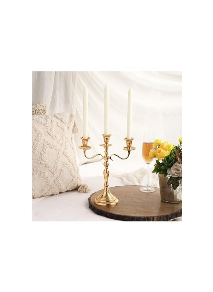 Three Arm Candelabra 10 inch Tall White Taper Candle Holders, Candle Stands Candlesticks For Home Decor Wedding Parties Dinning Table Centerpiece Thick Candles Gold