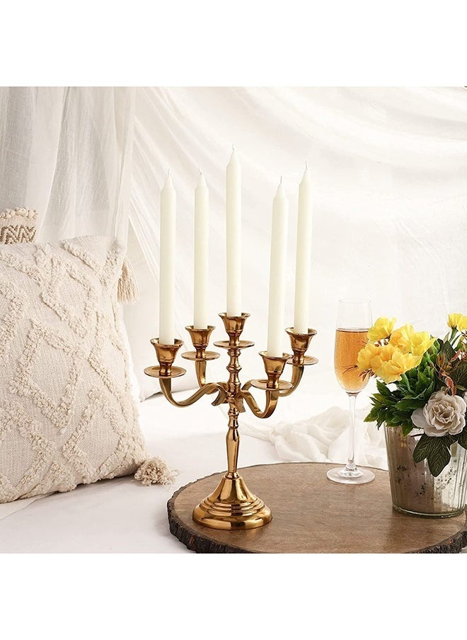 Five Arm Candelabra 10 inch Tall White Taper Candle Holders Candle Stands Candlesticks For Home Decor Wedding Parties Dinning Table Centerpiece Thick Candles Gold