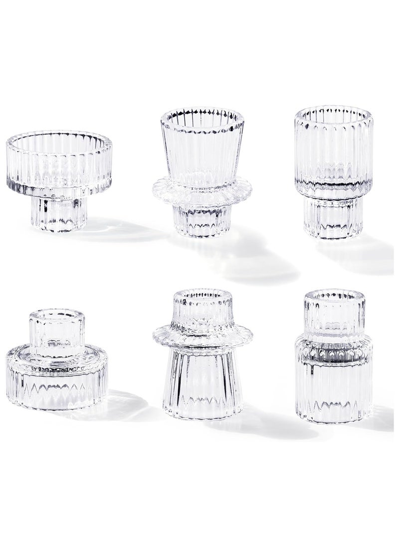 Candlestick Holders Set of 6, Ribbed Glass Taper Candle Holders, Reversible Clear Tealight & Candle Stick Candle Holder Vintage Crystal Tealight Candle Holder for Wedding Dinner Party