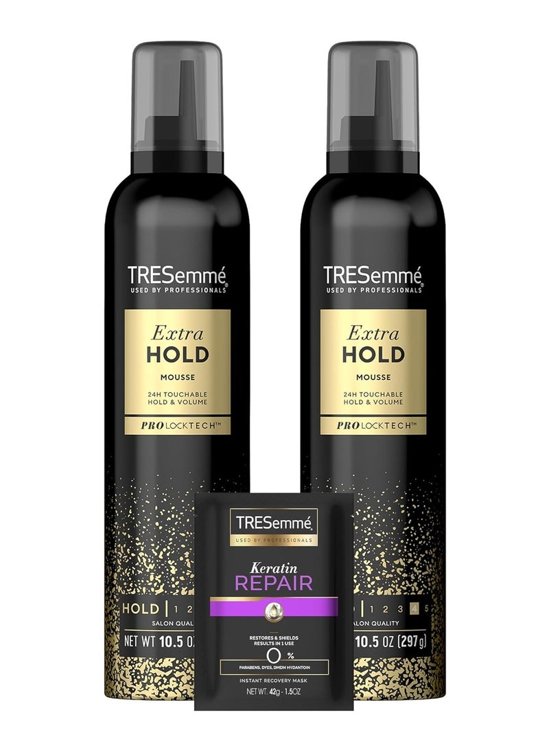 TRESemmé Hair Mousse 2-Pack + Keratin Repair Hair Mask – Extra Hold Alcohol-Free, Anti-Humidity, Anti-Frizz Hair Products (3 Piece Set)