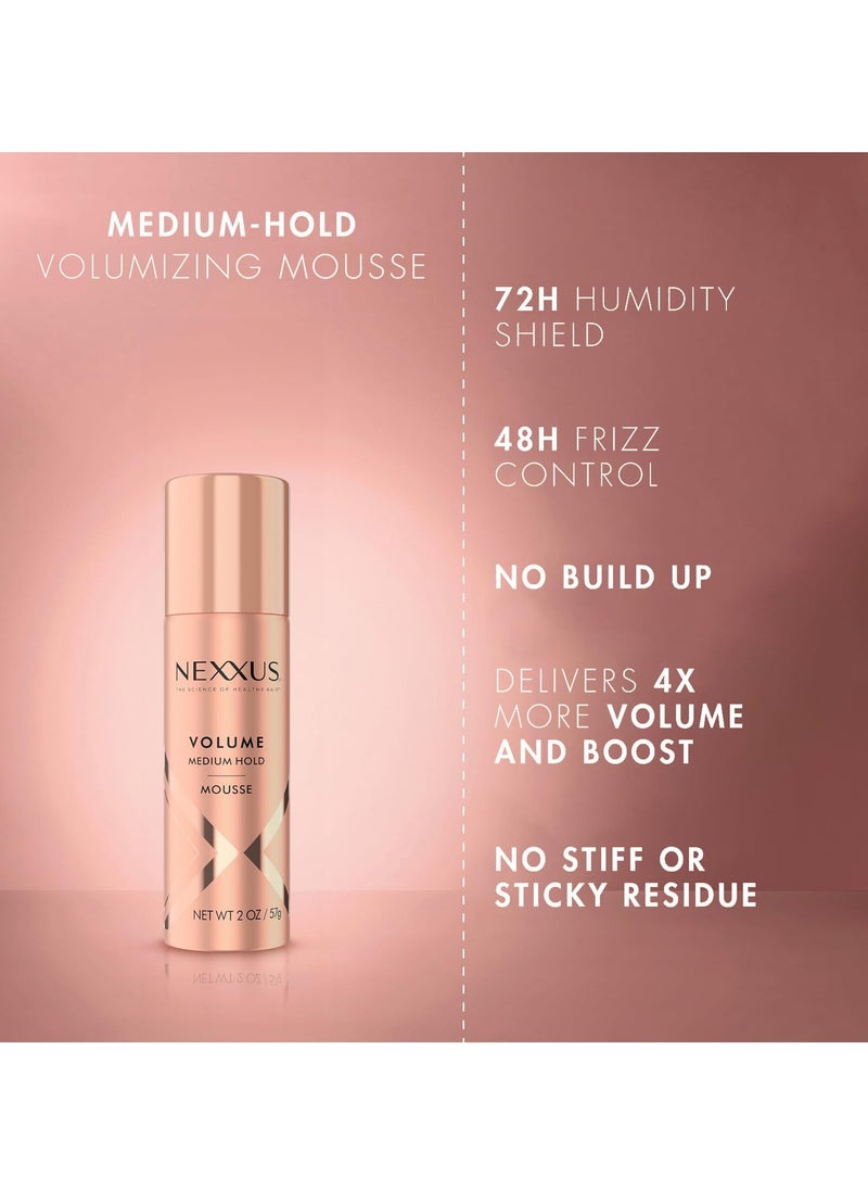 Nexxus Travel Mousse, Volume Medium Hold 4-Pack – 72-Hour Anti-Humidity Shield, 48-Hour Frizz Control, Rose Fragrance, 2 Oz Ea