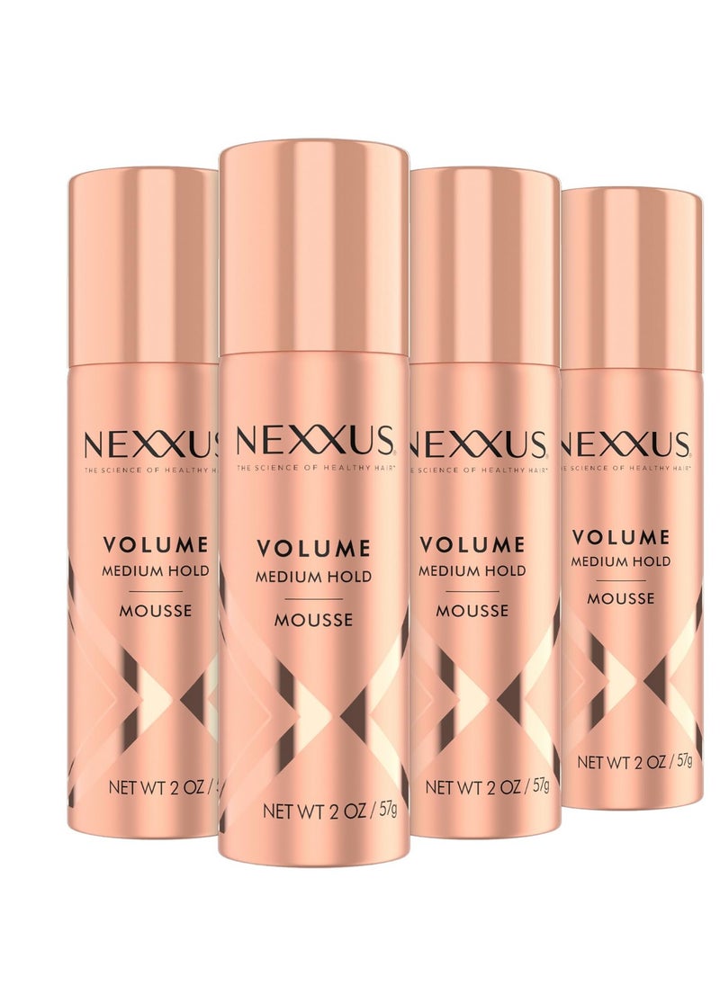 Nexxus Travel Mousse, Volume Medium Hold 4-Pack – 72-Hour Anti-Humidity Shield, 48-Hour Frizz Control, Rose Fragrance, 2 Oz Ea