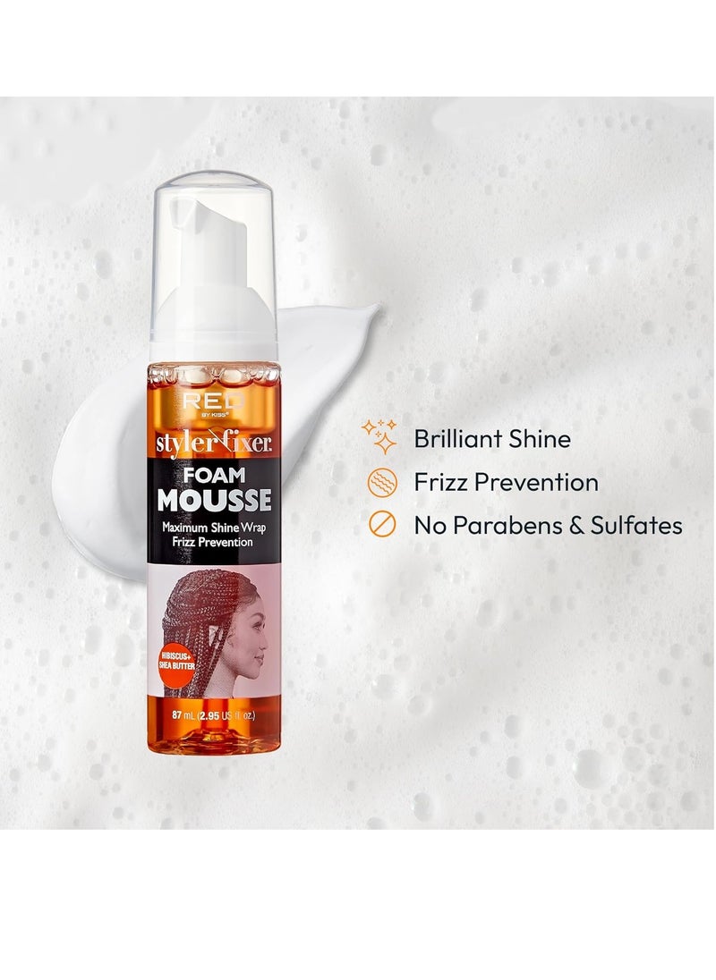 Red by Kiss Foaming Mini Travel Size Mousse, Maximum Shine Wrap Mousse, Reduce & Prevent Frizz, Define Curls, Hold Styles, Nourishes Dry & Crips Hair (Hibiscus + Shea Butter)