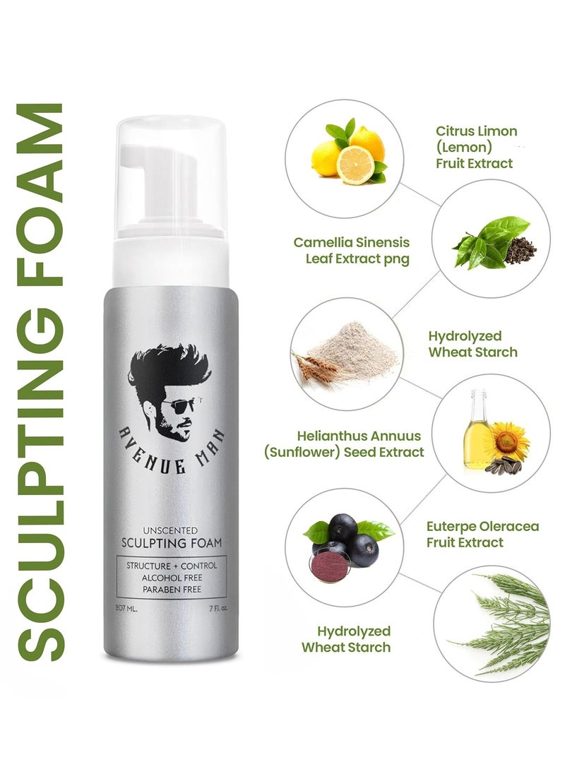 Avenue Man Unscented Sculpting Foam - 7 Oz Firm Hold Volumizing Hair Mousse for Men with Herbal Extracts Styling Hair Products - Fragrance, Alcohol, and Paraben-Free Hair Volumizer