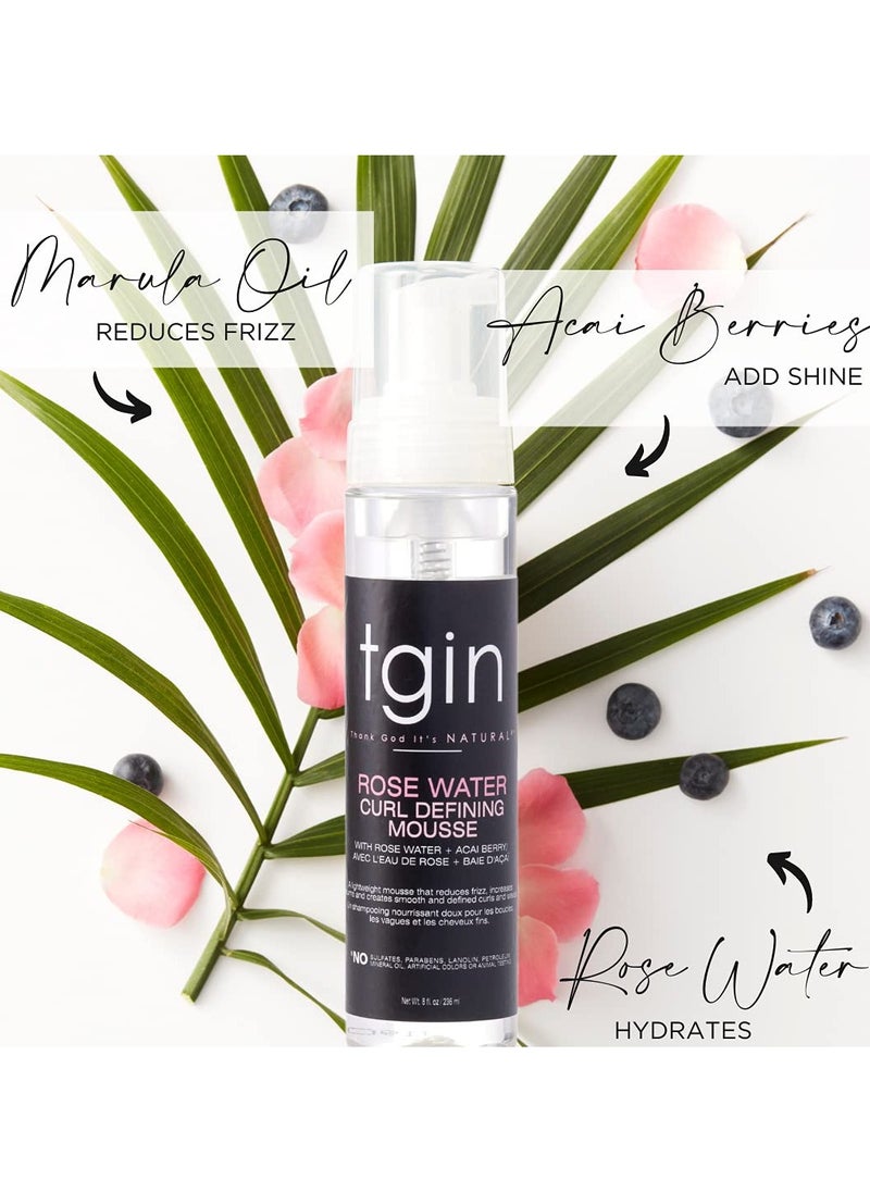 tgin Rose Water Defining Mousse for Curly, Coily and Wavy Hair, Moisturizes and Defines Curls, 8 fl oz