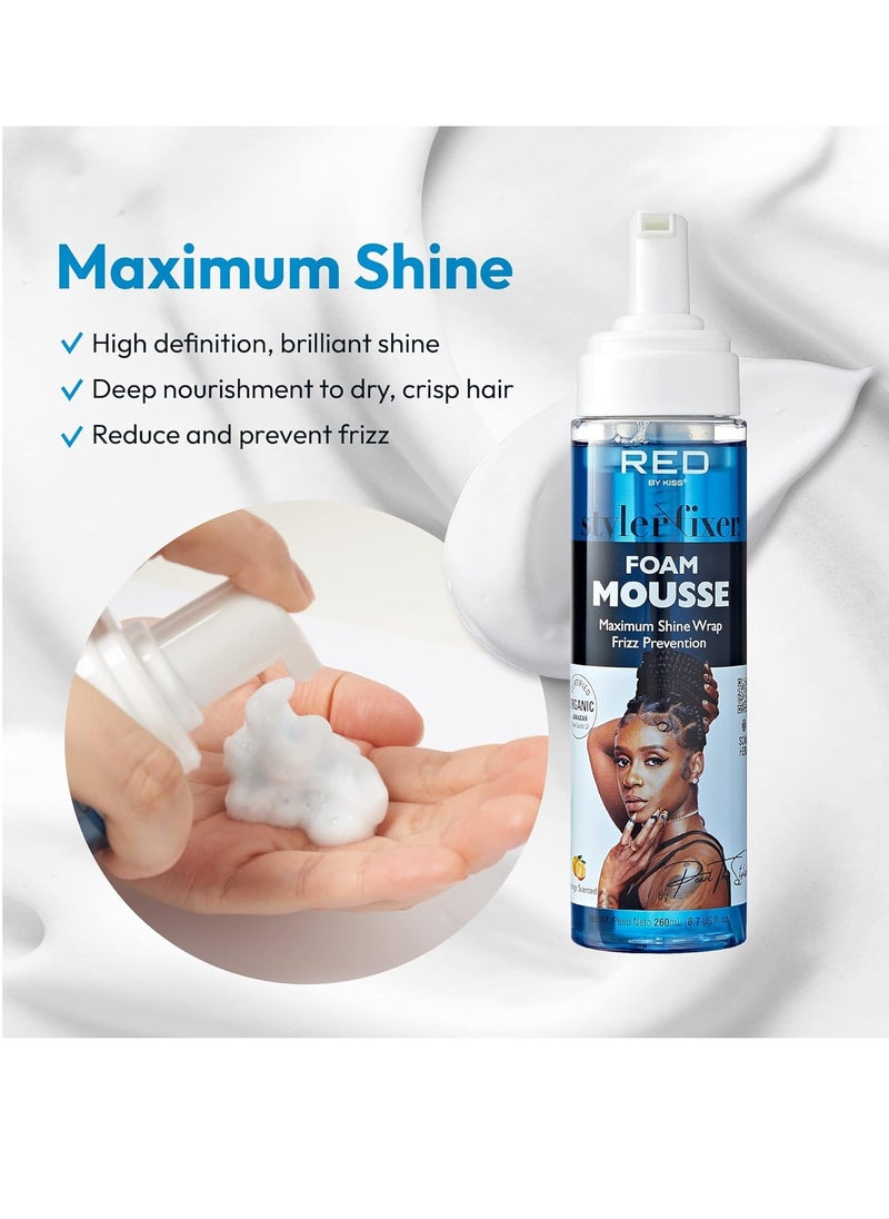 Red by Kiss Foaming Mousse, Maximum Shine Wrap Mousse, Reduce & Prevent Frizz, Define Curls, Hold Styles, Nourishes Dry and Crips Hair, Enriched with Organic Jamaican Black Castor Oil