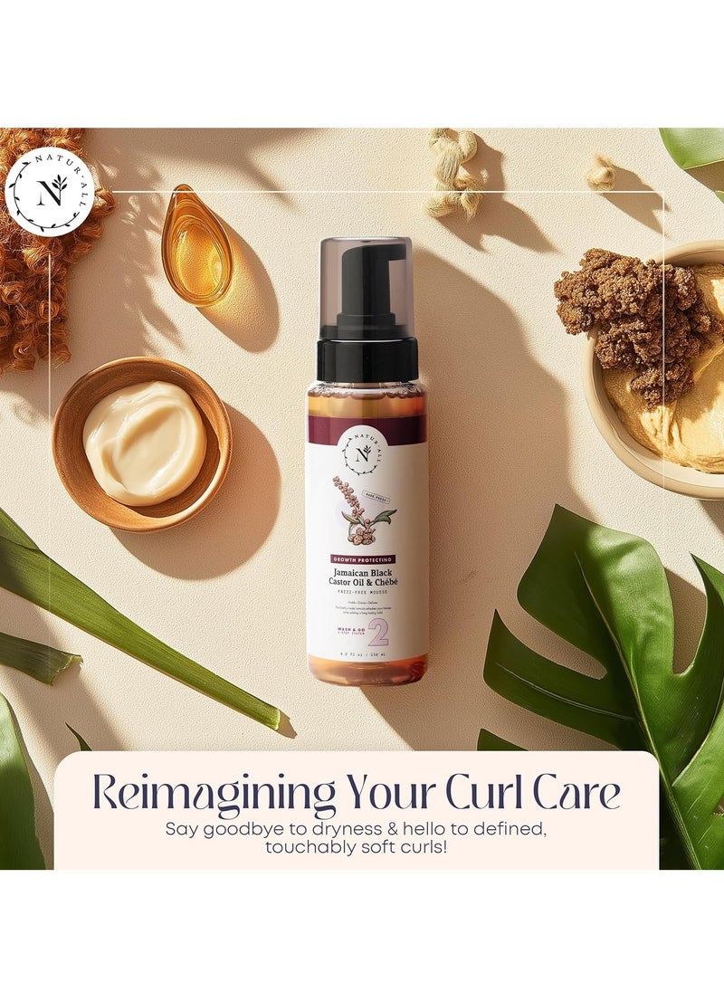 NaturAll Jamaican Black Castor Oil & Chebe Curly Hair Mousse - Sulfate-Free, Lightweight Anti-Frizz Styling Foam for Defined Curls, Long-Lasting Hold & Enhanced Shine (8.5 Oz)