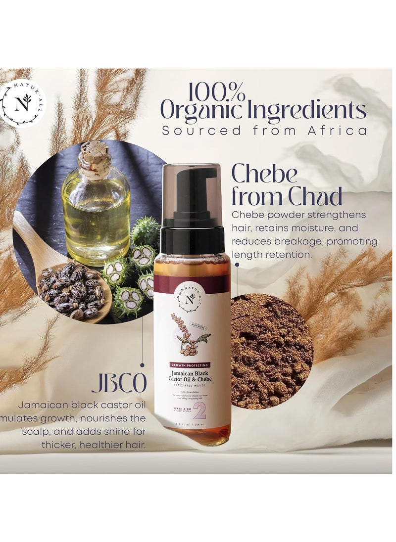 NaturAll Jamaican Black Castor Oil & Chebe Curly Hair Mousse - Sulfate-Free, Lightweight Anti-Frizz Styling Foam for Defined Curls, Long-Lasting Hold & Enhanced Shine (8.5 Oz)