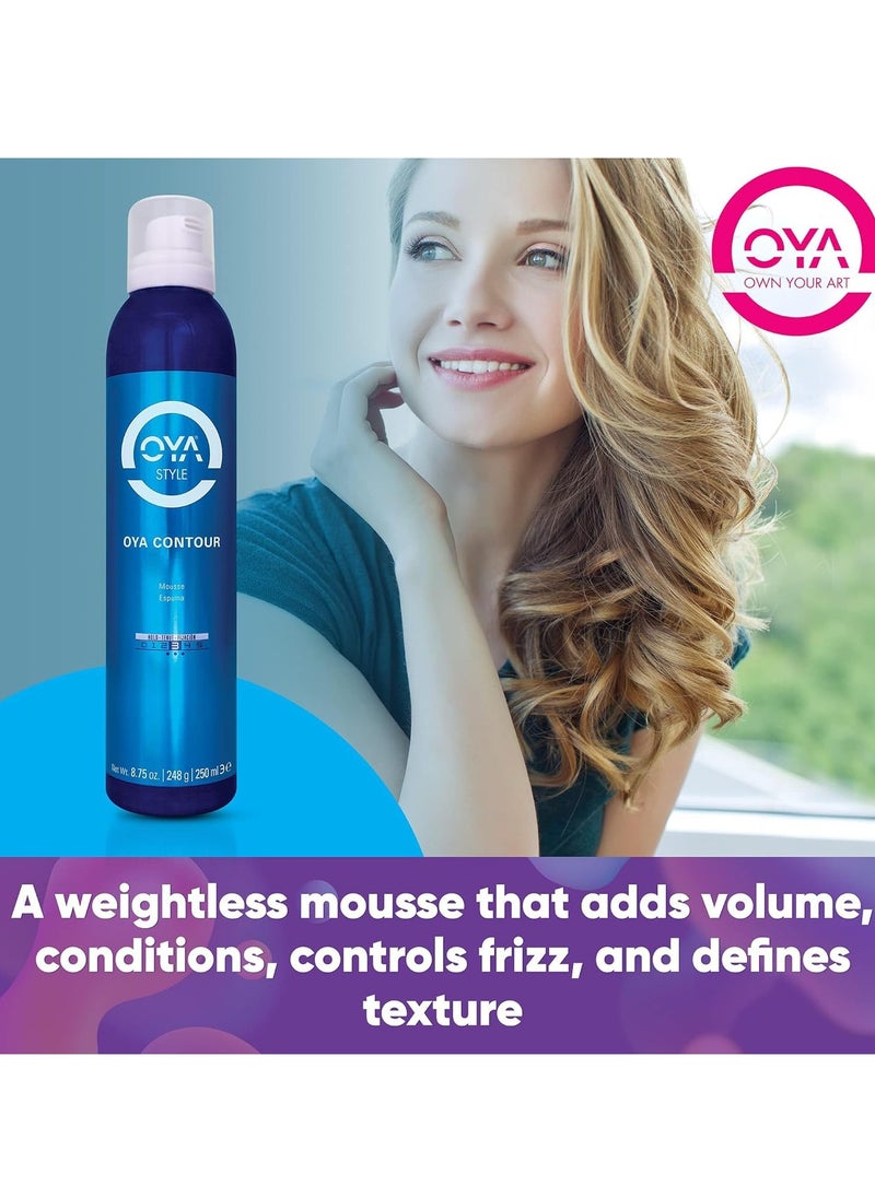 OYA CONTOUR Moisturizing Hair Mousse - 250 ml - For Volume, Shine, Wavy and Curly Hair - Smooths, Softens, De-Frizzes, Paraben & Sulfate Free, Boosts Definition and Bounce