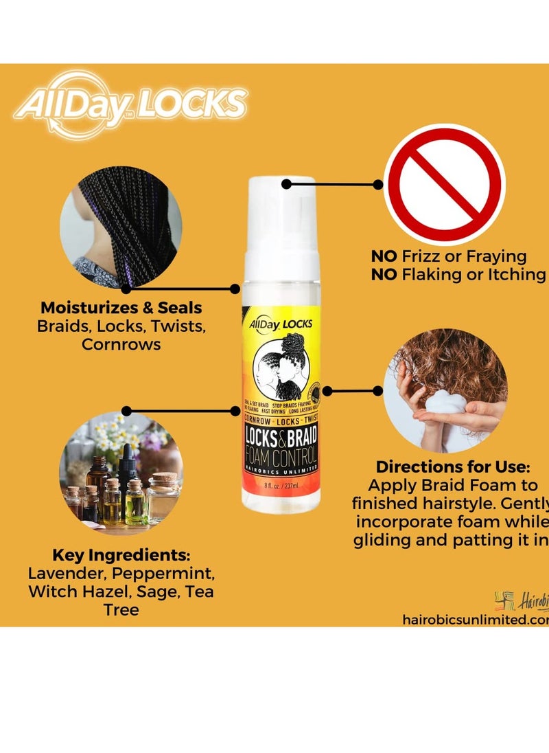 AllDay Locks Braid Foam | Long Lasting Mousse for Style & Shine | No Frizz or Fraying | Moisturizes & Seals Braids, Locks, Twists, Cornrows | 8 oz, 2-pack