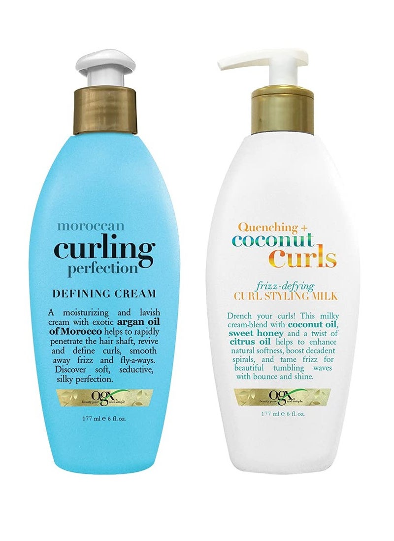 OGX Argan Oil of Morocco Curling Perfection Curl-Defining Cream, Hair-Smoothing Anti-Frizz Cream with Quenching + Coconut Curls Frizz-Defying Curl Styling Milk, Nourishing Leave-In Hair Treatment
