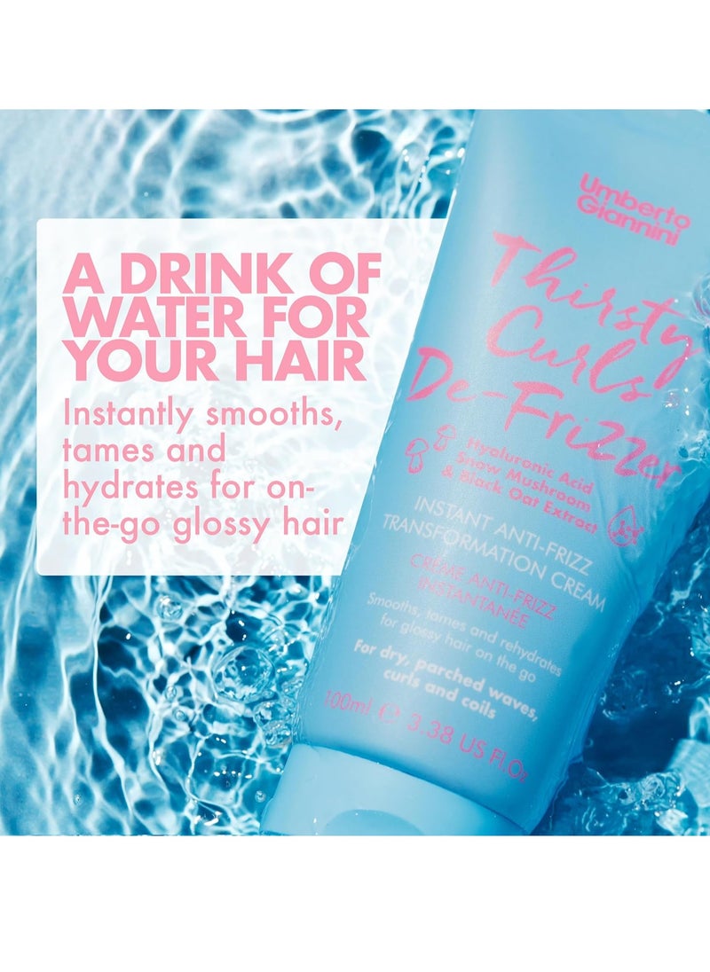 Umberto Giannini Thirsty Curls De-Frizzer Instant Anti-Frizz Transformation Cream 3.3 fl Oz - Curl Defining Cream for 2a-4c Curly, Wavy & Coily Hair - Vegan & Cruelty Free - Paraben Free