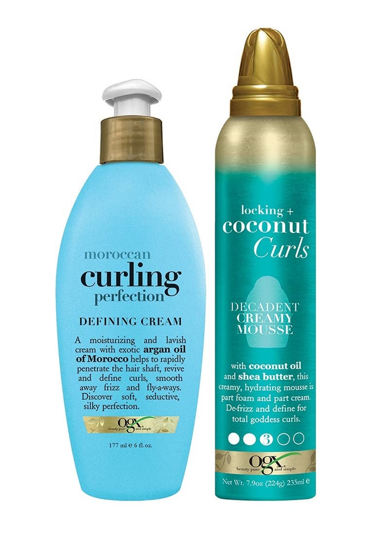 OGX Argan Oil of Morocco Curling Perfection Curl-Defining Cream, Hair-Smoothing Anti-Frizz Cream to Locking + Curls Decadent Creamy Mouse, Coconut, 7.9 Oz