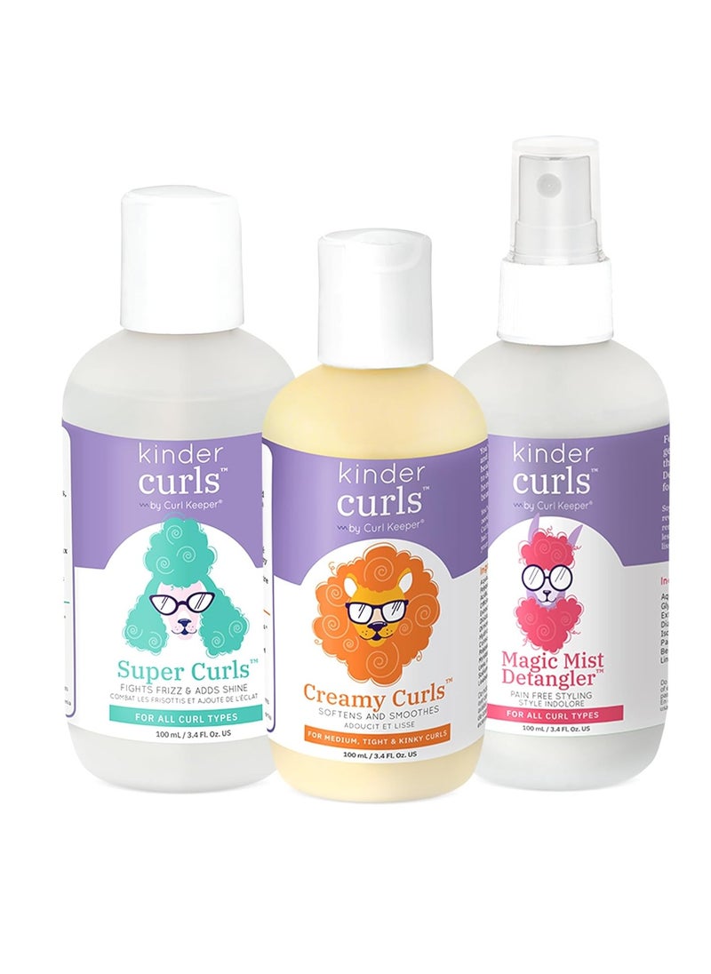 Curl Keeper Kinder Curly Hair Products Travel Set for Kids - Super Curls Styler, Magic Mist Detangler Spray & Curl Cream for Natural Beauty ( 3-Pack, 3 oz each)