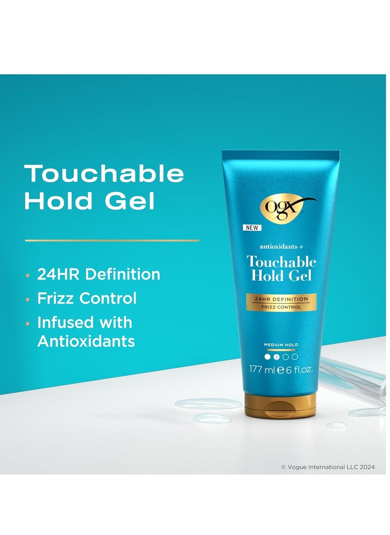 OGX Antioxidants + Touchable Hold Gel, Medium Hold Hair Styling Gel for 24 Hour Definition & Frizz Control, Anti-Humidity Hair Gel with a Soft, Non-Sticky Texture, Paraben-Free, 6 fl. Oz