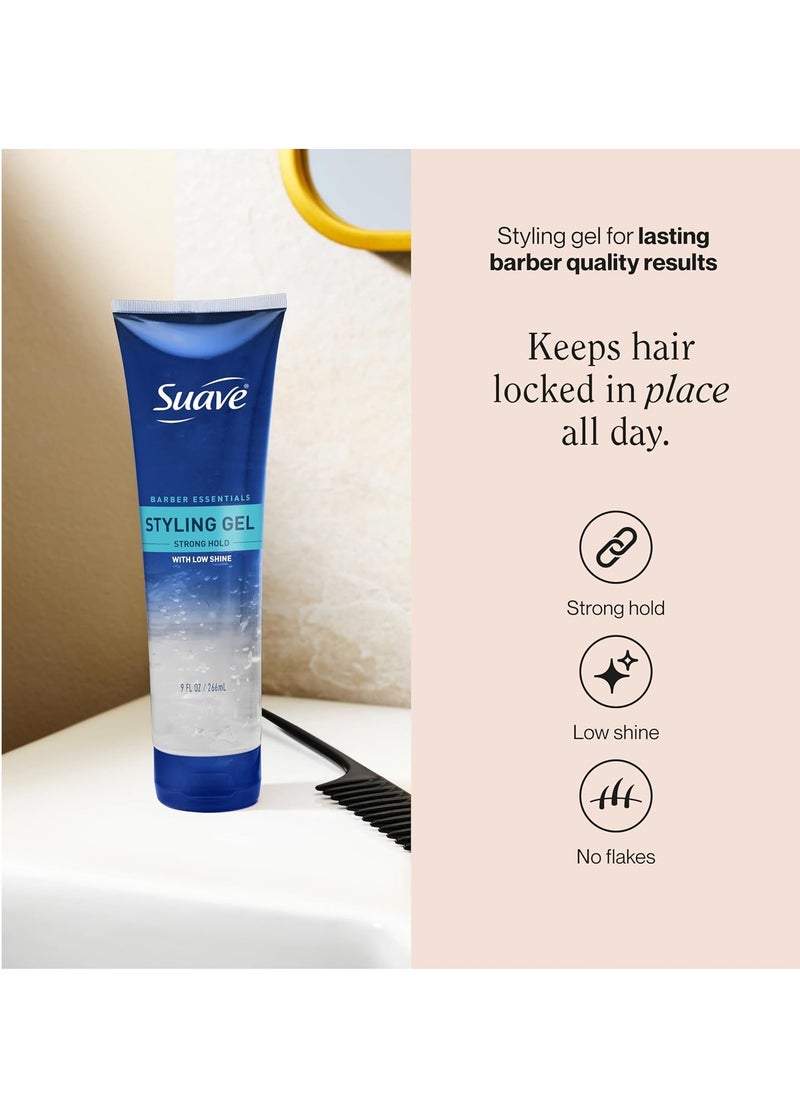 Suave Hair Gel Barber Essentials Styling Gel for Men, Strong Hold and Low Shine, No Flakes, Barber-Quality Results, 9 oz