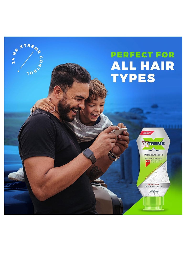 Xtreme Hair Gel Squeeze 2 Bottle Bundle Pro-Expert Clear Styling, Alcohol-Free 24-Hours Control With Aloe Vera, 17.64 oz (Pack of 2) in Bag