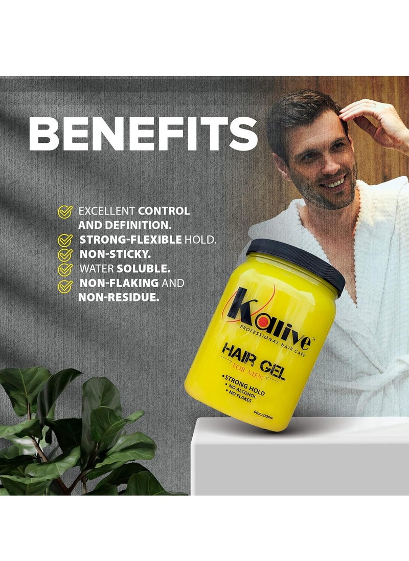 KALIVE Men's Hair Styling Gel 64 oz, Strong-Hold and Light Shine all day, Mens Hair Product fresh scent No Flaking or Alcohol