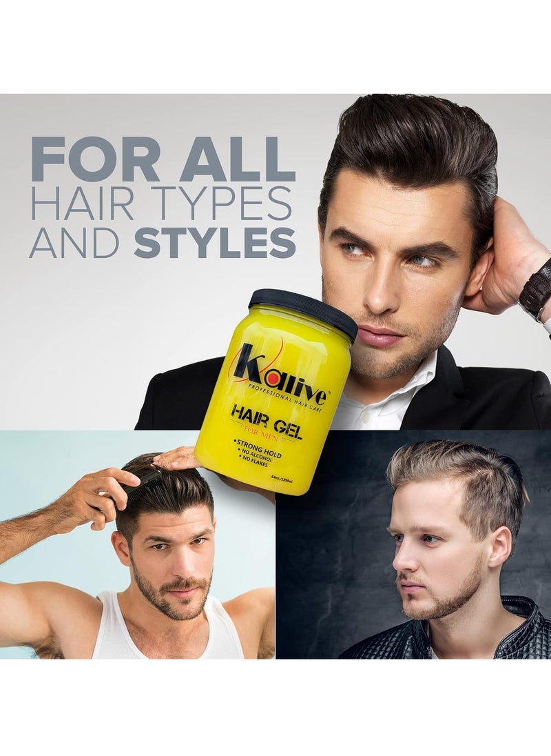 KALIVE Men's Hair Styling Gel 64 oz, Strong-Hold and Light Shine all day, Mens Hair Product fresh scent No Flaking or Alcohol