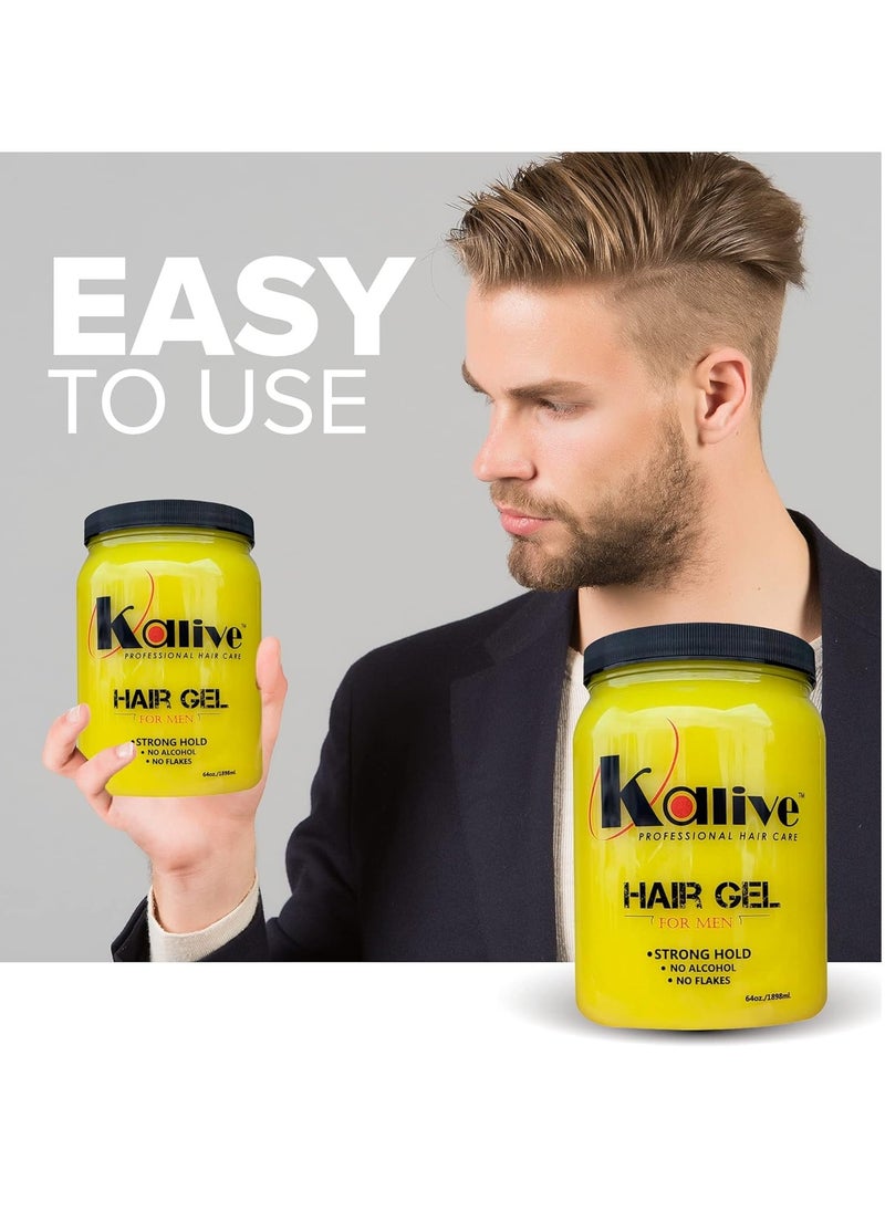 KALIVE Men's Hair Styling Gel 64 oz, Strong-Hold and Light Shine all day, Mens Hair Product fresh scent No Flaking or Alcohol