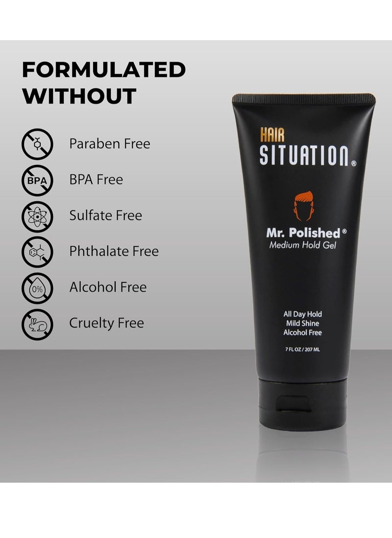 Hair Situation Mr. Polished Styling Men's Hair Gel -Medium Hold, Made With Vitamins to Strengthen and Volumize Hair, Alcohol-Free, Anti-Frizz, No-Flaking, All Day Hold, Low Shine, for All Hair 7 Fl Oz