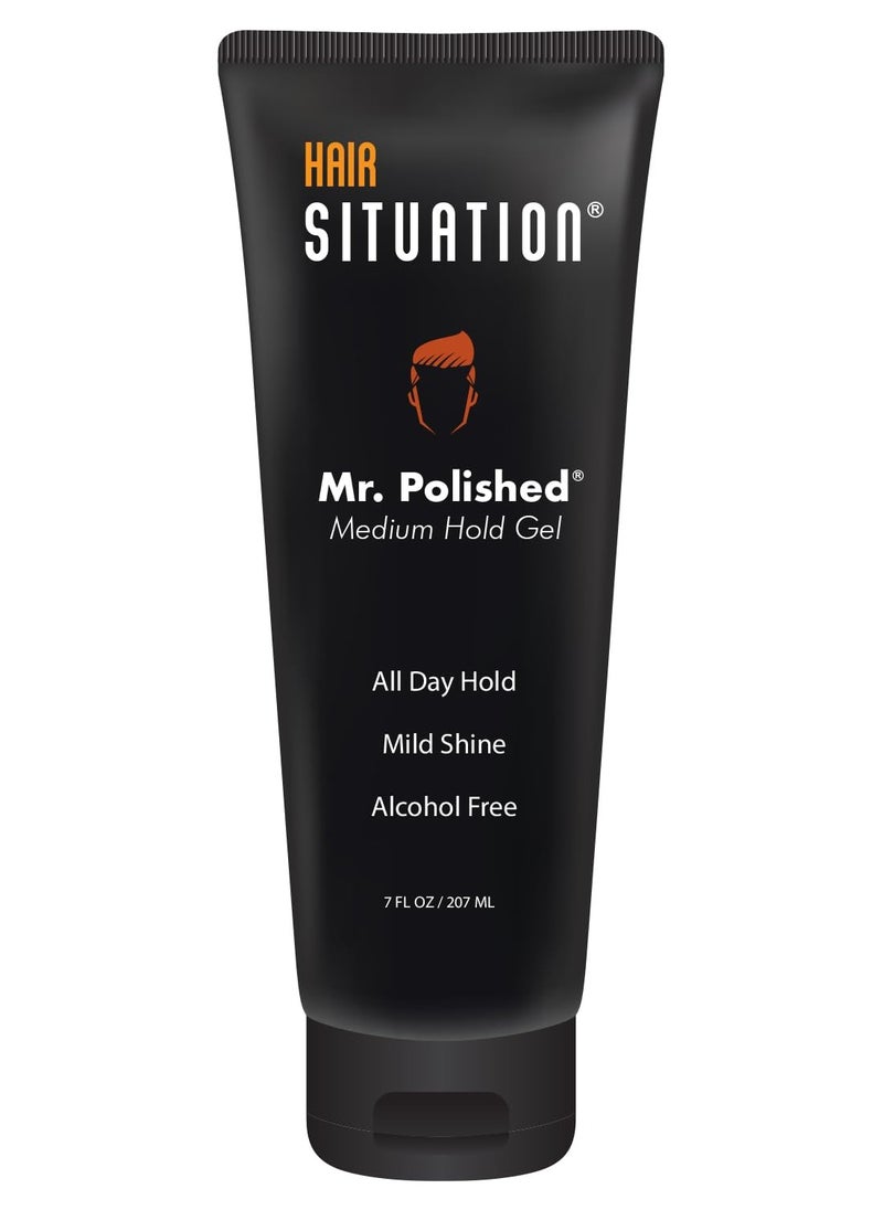 Hair Situation Mr. Polished Styling Men's Hair Gel -Medium Hold, Made With Vitamins to Strengthen and Volumize Hair, Alcohol-Free, Anti-Frizz, No-Flaking, All Day Hold, Low Shine, for All Hair 7 Fl Oz