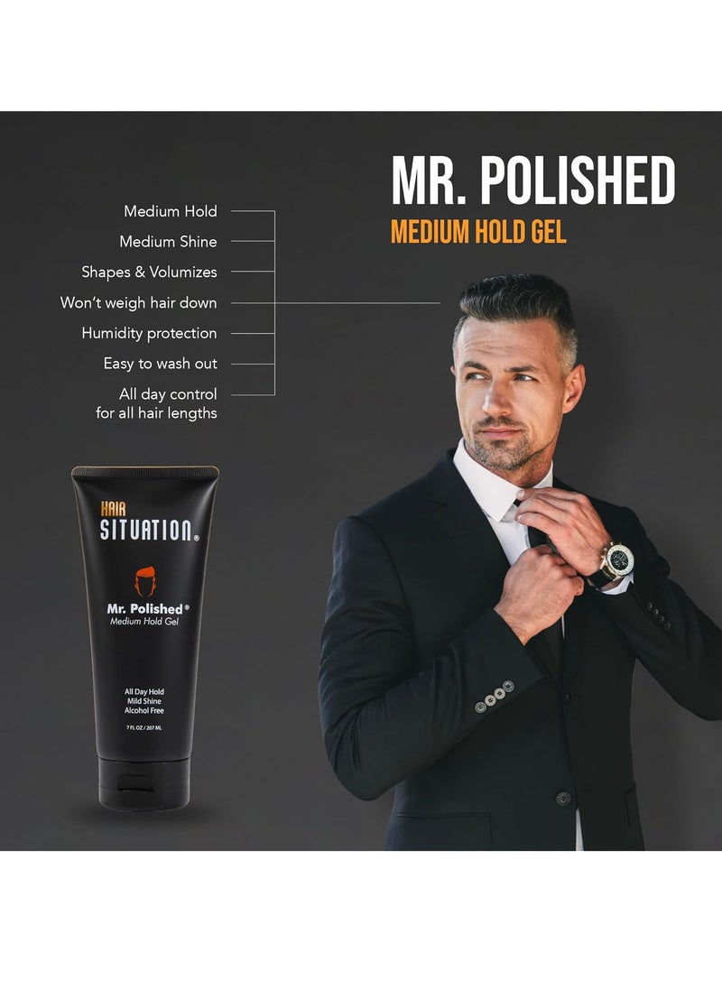 Hair Situation Mr. Polished Styling Men's Hair Gel -Medium Hold, Made With Vitamins to Strengthen and Volumize Hair, Alcohol-Free, Anti-Frizz, No-Flaking, All Day Hold, Low Shine, for All Hair 7 Fl Oz