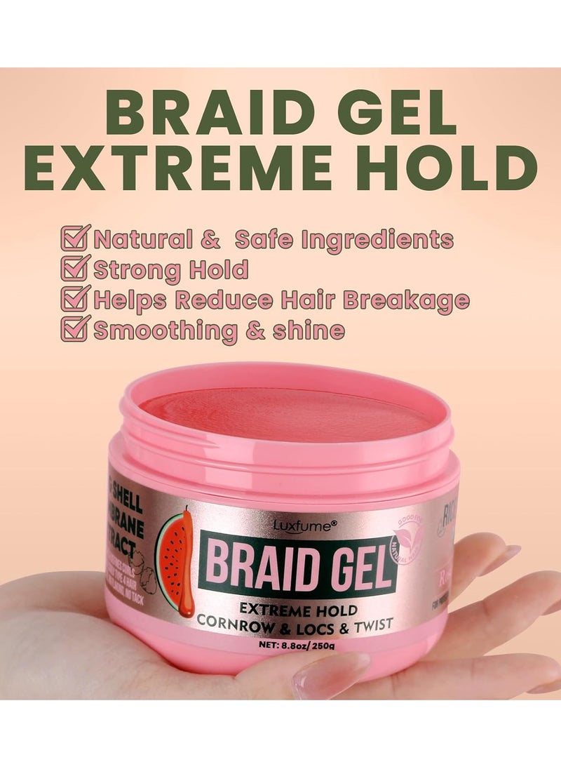 Braiding Gel Extra Hold 8.8 oz -Great For Braids,Twist, Locs & Smooth Edges - Braiding Gel Contains Rosemary Hair Growth Oil for Frizz Control, High Shine, Edge Control(Watermelon Flavour)