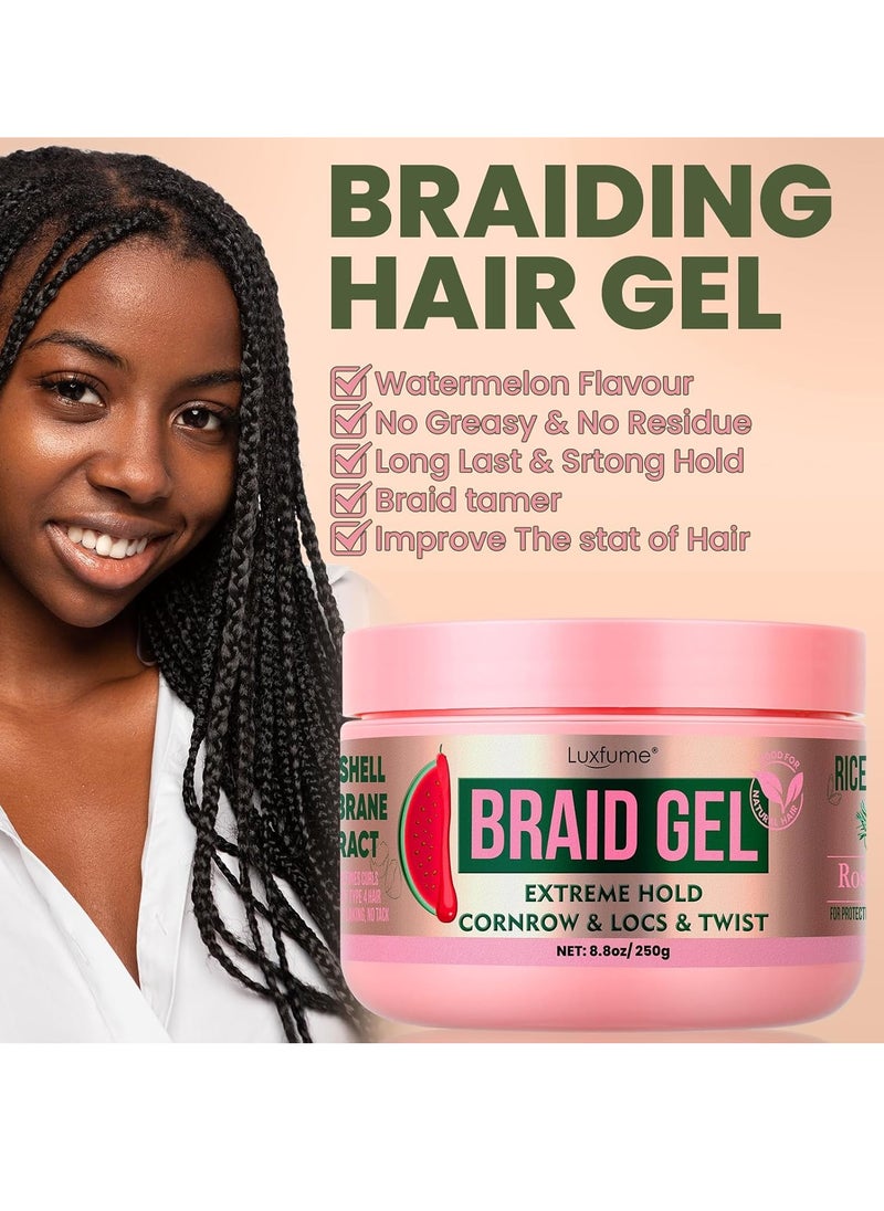 Braiding Gel Extra Hold 8.8 oz -Great For Braids,Twist, Locs & Smooth Edges - Braiding Gel Contains Rosemary Hair Growth Oil for Frizz Control, High Shine, Edge Control(Watermelon Flavour)