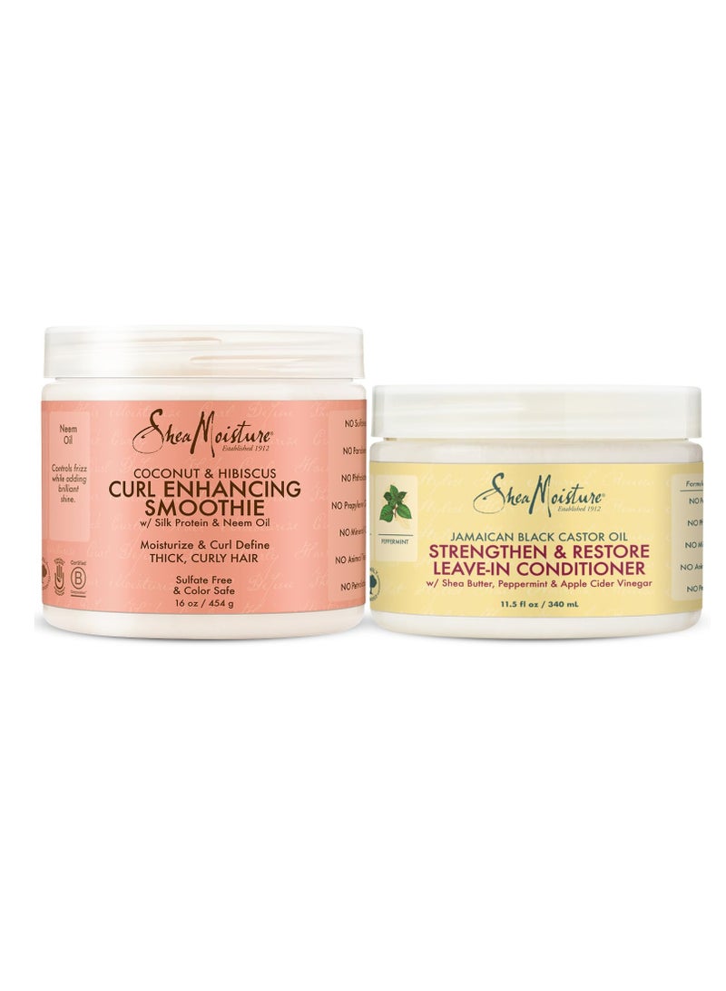 SheaMoisture Curly Hair Care Bundle – Coconut & Hibiscus Curl Enhancing Smoothie & Jamaican Black Castor Oil Strengthen & Restore Leave-In Conditioner, Curl Cream, Frizz Control 2 Piece Set