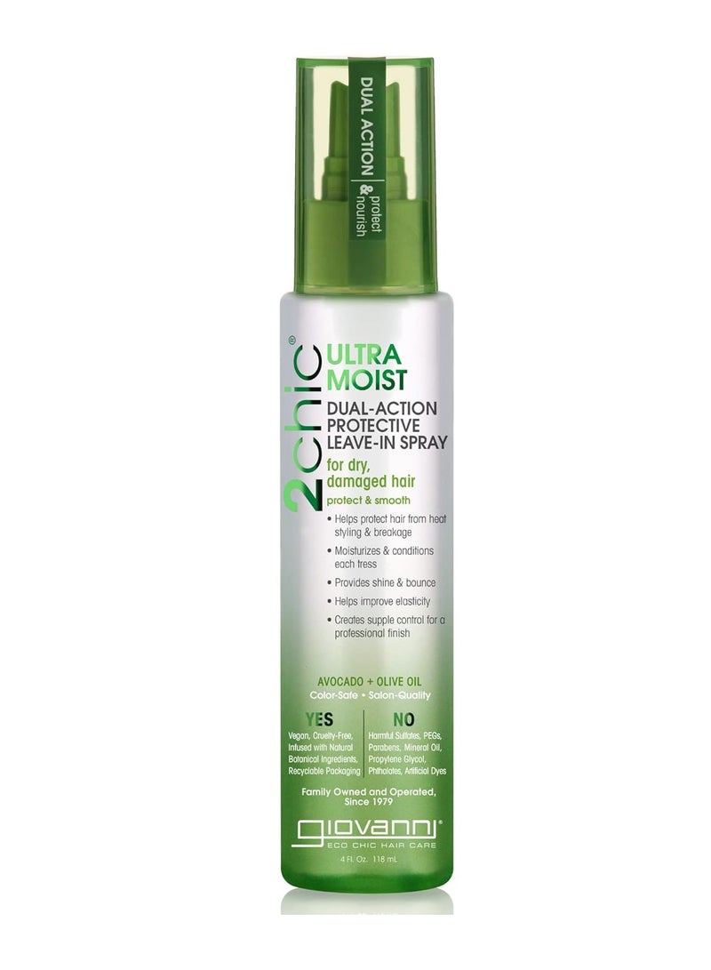 GIOVANNI 2chic Ultra-Moist Dual Action Protective Leave-In Spray - Protects from Heat Styling Breakage, Avocado & Olive Oil, Aloe Vera, Shea Butter, Botanical Extracts, No Parabens, Color Safe 4 fl oz