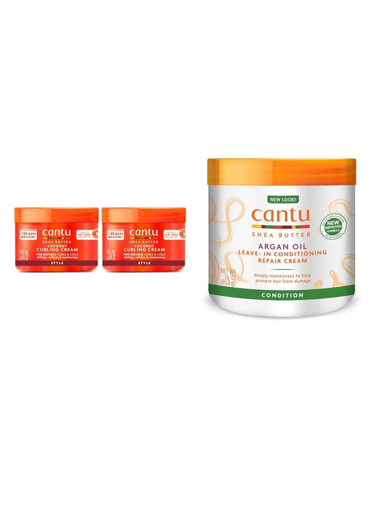 Cantu Coconut Curling Cream for Natural Hair 12 oz (Pack of 2) & Leave-In Conditioning Repair Cream with Argan Oil 16 oz Bundle 12 oz (Pack of 2) & 16 oz Bundle